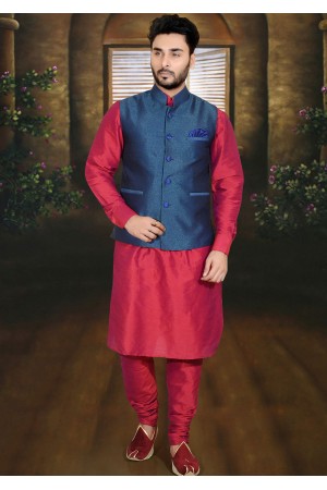 RED AND DARK BLUE MENS KURTA JACKET SET